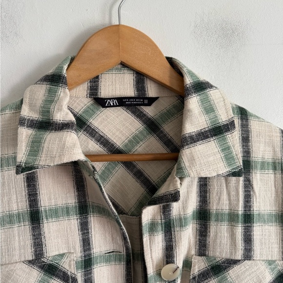Zara || Plaid Overshirt Shacket Oversized Cream Green S - Picture 4 of 9